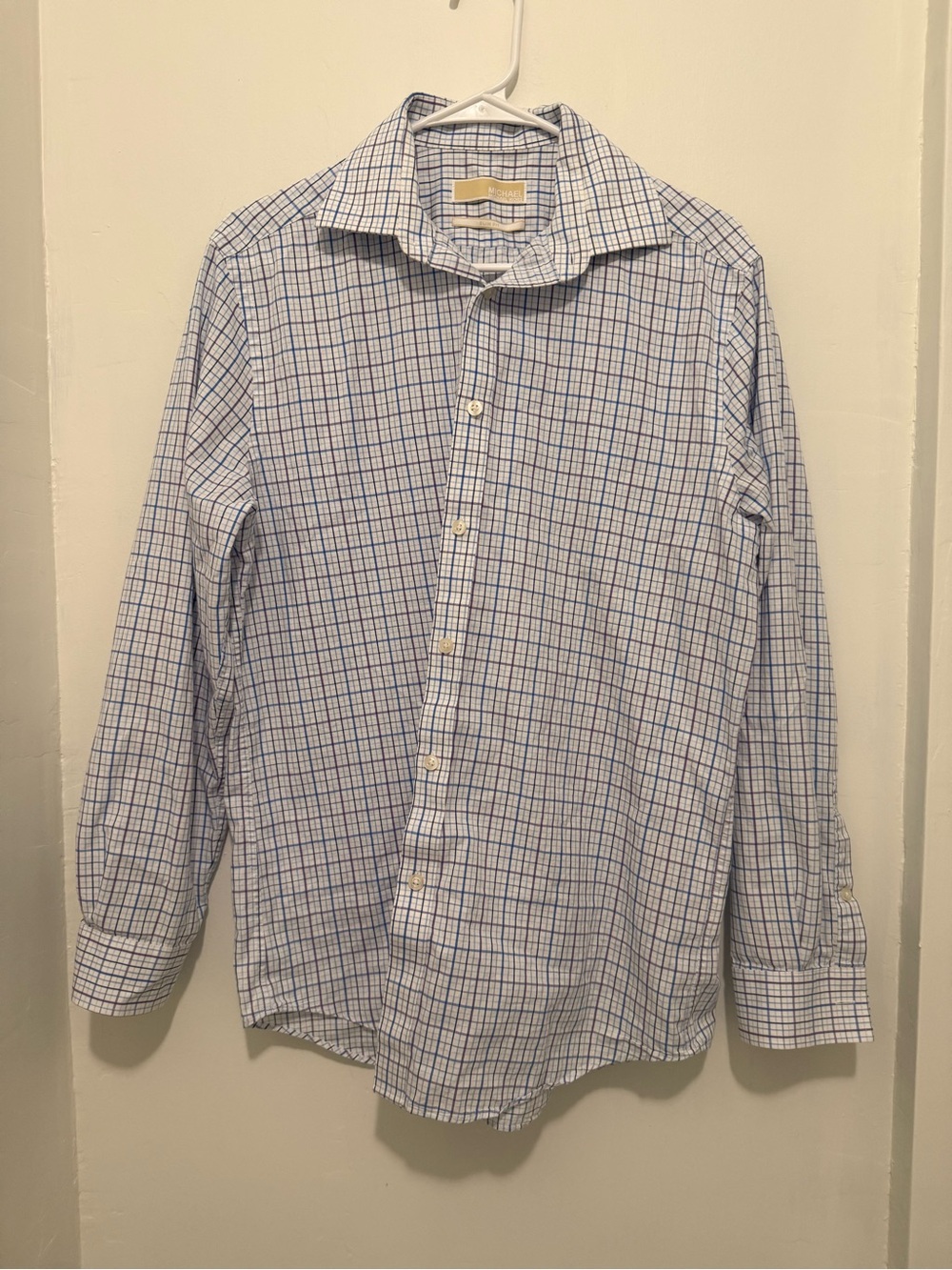 Michael Kors White Dress Shirt with Blue Windowpane Check - wedding shirt